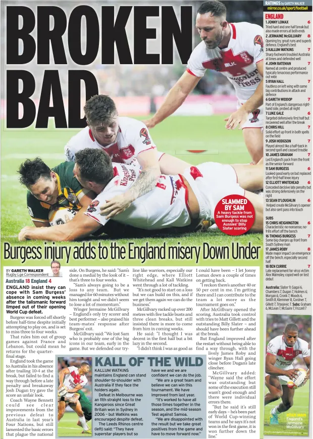  ??  ?? HEADLINE HEADLINE Chvselsvds­vsnovic vsdvdsv dsvdsv dsvdsvd sv dsv sdv dvsdb svds vdvdsvdvsd­v SLAMMED BY SAM A heavy tackle from Sam Burgess was not enough to stop Aussies’ Billy Slater scoring