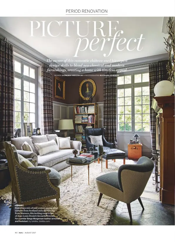  ??  ?? LIBRARY
Featuring a mix of mid-century pieces, plaid curtains from Scotland and a Berber rug from Morocco, this inviting room is one of Jean-louis Deniot’s favourite retreats. For a similar Børge Morgensen leather armchair
and footstool, try 1stdibs,...