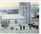  ??  ?? Adam Harland of the North Yorkshire Cold Case Review Unit at the spot where the body was found at Sell Gill Holes, right. The woman’s funeral at the village church in Horton in Ribblesdal­e, left.