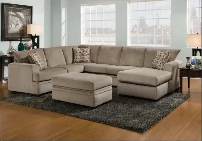  ??  ?? Walker Furniture The Cornell Pewter sectional by American Manufactur­ing is the perfect spot to cuddle up. It features a versatile style thanks to its clean lines, rounded arms and neutral chenille upholstery.