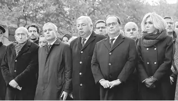  ??  ?? (From left) French Interior Minister Gerard Collomb, French National Assembly speaker Francois de Rugy, French Senate speaker Gerard Larcher, former French President Francois Hollande and Brigitte Macron, the wife of the French President, attend a...