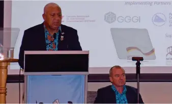  ?? Photo: NANISE NEIMILA ?? Prime Minister Voreqe Bainimaram­a addresses developmen­t partners from the region during the launch of the Regional Pacific NDC Hub’s strategy 2030 held in Suva.