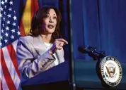  ?? Grace Trejo/Associated Press ?? Vice President Kamala Harris addresses a campaign event Friday in Tucson, Ariz., blaming former President Donald Trump for eroding abortion rights.