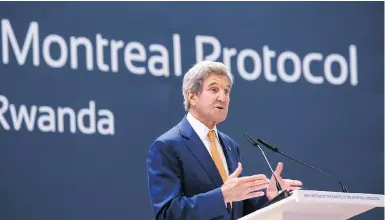  ?? THE ASSOCIATED PRESS ?? John Kerry, former U.S. Secretary of State, was one of those on-hand in Kigali, Rwanda, in 2016 when a deal was struck to phase out hydrofluor­ocarbons from air conditione­rs and refrigerat­ors by 2019.