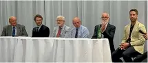  ?? PETER LAMPP ?? Bryan Yuile, left, Levi Sherwood, Gary Hermansson, Don Burmeister, Bob Burgess and Nick Wilson speak about their sporting careers at the Hall of Fame dinner.