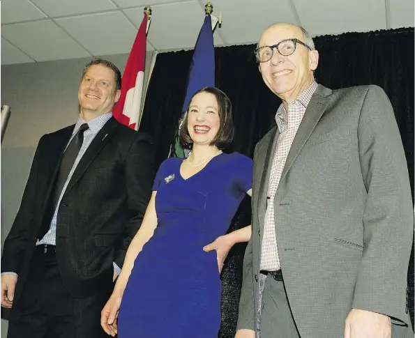  ?? LARRY WONG ?? Stephen Mandel, right, won two thirds of votes cast to become leader of the Alberta Party on Tuesday. The other candidates were MLA Rick Fraser and lawyer Kara Levis. Mandel says he will not seek a seat right away and will focus instead on spreading...