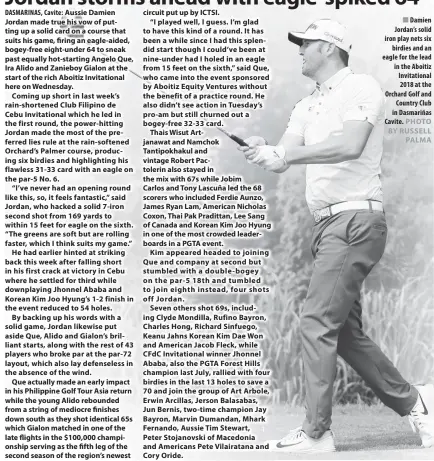  ??  ?? DASMARINAS, Cavite: Damien Jordan’s solid iron play nets six birdies and an eagle for the lead in the Aboitiz Invitation­al 2018 at the Orchard Golf and Country Club in Dasmariñas Cavite.