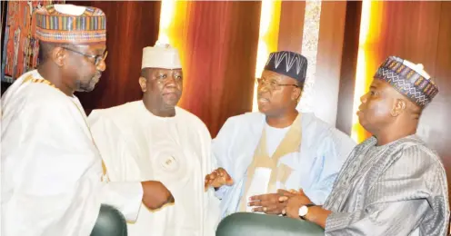  ?? Photo: Felix Onigbinde ?? From left: Governors Abubakar Sani Bello (Niger), Abdul’aziz Abubakar Yari (Zamfara), Muhammad Jibrilla (Adamawa), and Aminu Waziri Tambuwal (Sokoto) during the National Economic Council meeting, at the Presidenti­al Villa, Abuja, yesterday.