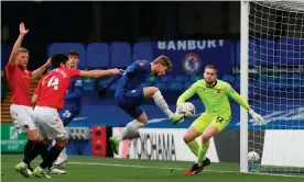  ??  ?? Timo Werner taps home to double Chelsea’s lead against Morecambe in their FA Cup third round tie at Stamford Bridge. Photograph: Adrian Dennis/AFP/Getty Images