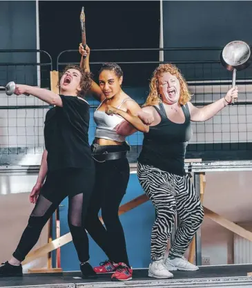  ??  ?? Above from left: Isobel Mcarthur, Bonnie Baddoo and Sally Reid in rehearsals for Wendy and Peter Pan; playwright Ella Hickson, left