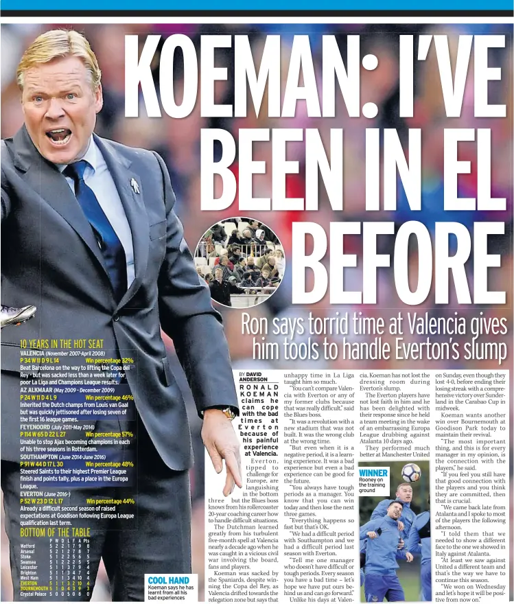  ??  ?? COOL HAND Koeman says he has learnt from all his bad experience­s WINNER Rooney on the training ground