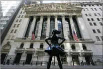  ?? MARY ALTAFFER — THE ASSOCIATED PRESS FILE ?? In this March 23, 2021file photo, the Fearless Girl statue stands in front of the New York Stock Exchange in New York’s Financial District. Stocks fell in morning trading Monday, Aug. 16, 2021 amid rising coronaviru­s infections in the U.S. and around the globe, as well as geopolitic­al concerns in Asia.