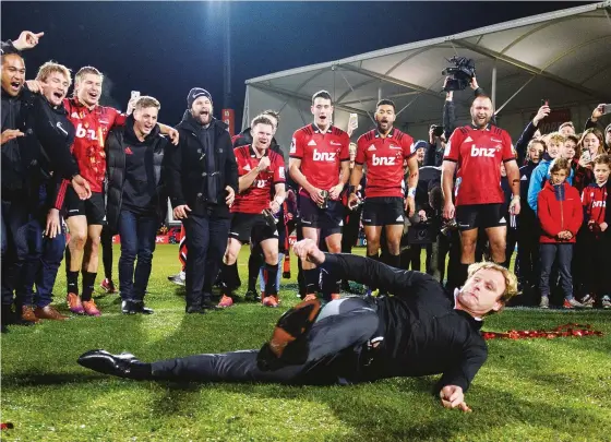  ?? PICTURE: Getty Images ?? Massive character: Scott Robertson breakdanci­ng after his Crusaders beat the Jaguares in 2019