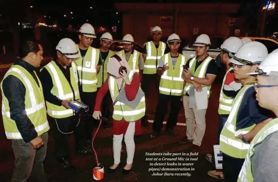  ??  ?? Students take part in a field test at a Ground Mic (a tool to detect leaks in water pipes) demonstrat­ion in
Johor Baru recently.