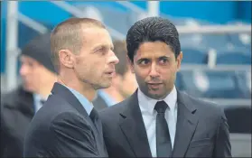  ?? FOTO: MANEL MONTILLA ?? Ceferin, presidente de la UEFA, con Nasser Al-khelaïfi, presidente del PSG