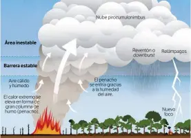  ??  ?? Los megaincend­ios son capaces de generar tormentas de fuego, que pueden producir relámpagos, y estos provocar nuevos focos, como vemos en esta ilustració­n.