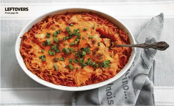  ?? Photos by Karen Warren / Staff photograph­er ?? Turkey Spaghetti Casserole is made with leftover turkey in a chunky cream sauce of mushroom soup and chopped tomatoes.