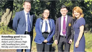  ??  ?? Sounding good Music ambassador­s from St Aidan’s and Coltness High with headteache­rs John McGilp and Claire Connelly