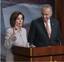  ?? AP ?? MISFIRED: House Speaker Nancy Pelosi, joined by Senate Minority Leader Chuck Schumer, overplayed her hand with the impeachmen­t of President Trump.