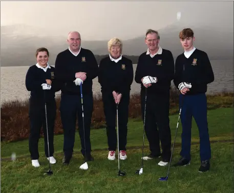  ??  ?? Mairead Martin Junior Captain, Derry McCarthy Captain, Sheila Crowley Lady Captain, Jack Buckley President and Kieran O’Connor Junior Captain at their Drive In with some club members at Killarney Golf and Fishing Club Photo by Michelle Cooper Galvin