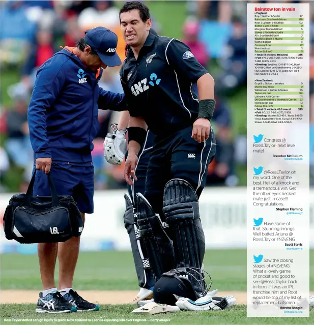  ?? Getty Images ?? Ross Taylor defied a thigh injury to guide New Zealand to a series-equalling win over England. —