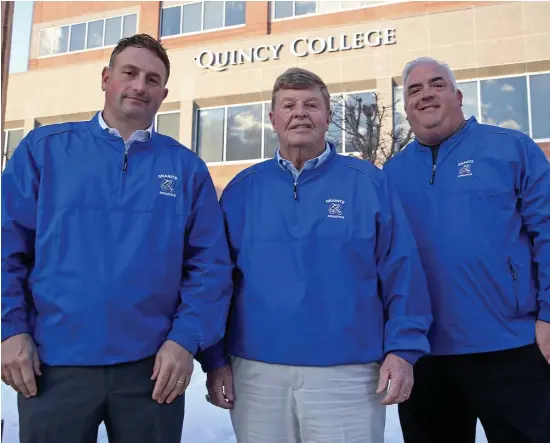  ?? MATT sTonE / HErAld sTAFF ?? ON THE MAP: Quincy College Athletic Director Jack Raymer, center, women’s soccer coach Ryan Puntiri, left, and baseball coach Jim Dolan are hoping to make the school a destinatio­n for local athletes.