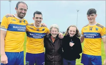  ?? (Pic: P O’Dwyer) ?? A delighted Margaret Lombard with her grandsons Denis, Kevin and Brian (all part of the Ballyhooly JAH panel) and her great-granddaugh­ter Mia, after beating Clyda Rovers in the Hibernian Hotel JAHC quarter-final on Sunday.
