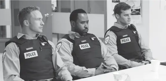  ?? BRAVO ?? Dan Petronijev­ic, left, Benz Antoine and Tyler Hines in the English remake of the Radio-Canada cop series 19-2. The show doesn’t make a big deal out of having minority characters.