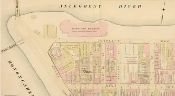  ?? G.M. Hopkins Maps Collection­s, Archive Services Center, University of Pittsburgh ?? An 1889 map of Pittsburgh’s Point shows the Fort Pitt Block House as a pink square mistakenly labeled “Old Fort Duquesne”