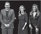  ?? TONY AVELAR/AP ?? Steve Carell, Reese Witherspoo­n and Jennifer Aniston star in the AppleTV+ show “The Morning Show.”