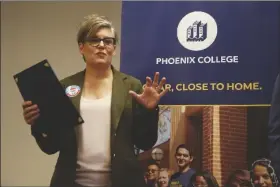  ?? ASSOCIATED PRESS ?? IN THIS SEPT. 24, 2019, file photo, Arizona Secretary of State Katie Hobbs talks about voter registrati­on at Phoenix College on National Voter Registrati­on Day in Phoenix.