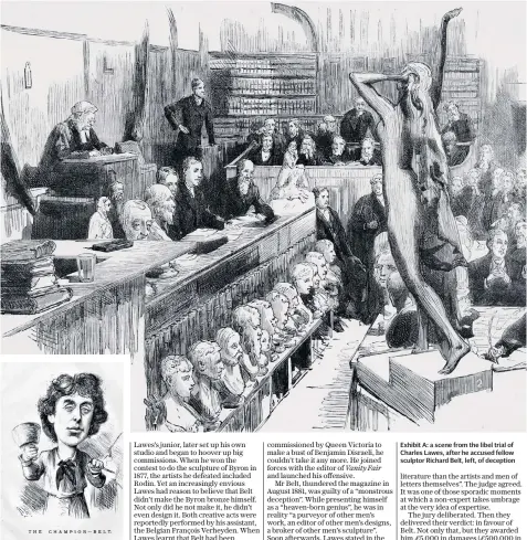  ??  ?? Exhibit A: a scene from the libel trial of Charles Lawes, after he accused fellow sculptor Richard Belt, left, of deception