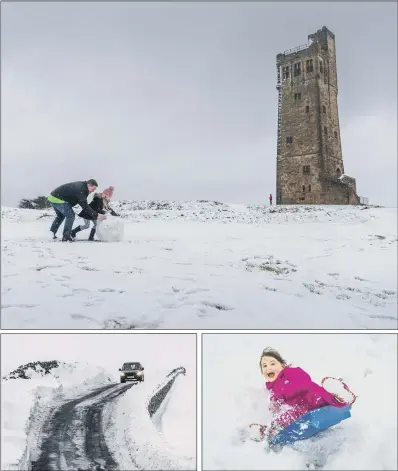  ?? PICTURES: JAMES HARDISTY/PA WIRE. ?? WINTER CHILLS: Above, Edward Beardsall, with daughter Amelie, five, having fun at Castle Hill, Huddersfie­ld; left, snowy conditions near Fleet Moss in the Yorkshire Dales; right, Isobella Bellamy sledging near Newby Head Farm in the Dales.