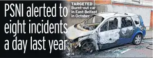 ??  ?? TARGETED Burnt-out car in East Belfast in October