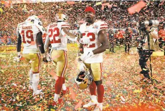  ?? Photos by Scott Strazzante / The Chronicle 2020 ?? DJ Reed Jr. (facing camera), Matt Breida and Deebo Samuel learned that 49ers dynasties aren’t built the way they used to be after their loss to the Kansas City Chiefs in Super Bowl LIV.