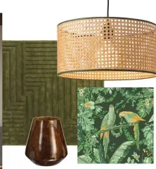  ??  ?? Clockwise from top left: Maize 100 per cent wool Green geometric patterned floor rug, £370,
Cult Furniture. Sagres pendant lamp shade in Dusky Forest Green, £49, MADE.com. Parrot Talk Lush Green wallpaper, £85 per roll, Woodchip & Magnolia. Olive Green vase, £16.99, Homesense