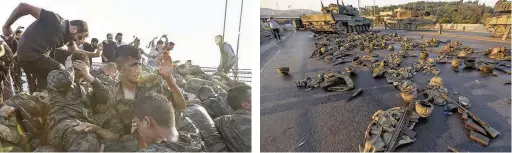  ??  ?? SURRENDER Rebels involved in coup are beaten after giving up ABANDONED Tanks, guns and uniforms left on Bosphorus Bridge