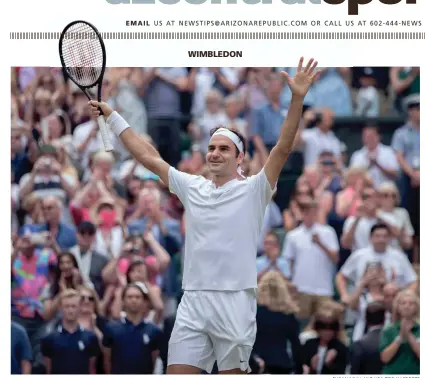  ?? SUSAN MULLANE-USA TODAY SPORTS ?? Roger Federer celebrates after his 6-3, 6-1, 6-4 victory over Marin Cilic in the Wimbledon singles final on Sunday in London. Federer went through the tournament without dropping a set in winning his record eighth Wimbledon title and his 19th Grand...