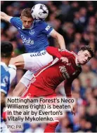  ?? PIC: PA ?? Nottingham Forest’s Neco Williams (right) is beaten in the air by Everton’s Vitaliy Mykolenko.