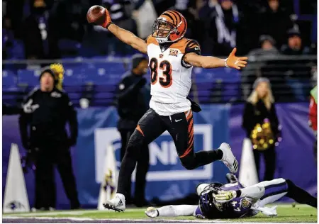  ?? PATRICK SMITH / GETTY IMAGES ?? Wide receiver Tyler Boyd struggled with a knee injury in 2017, but his touchdown catch against the Ravens in the season finale gave the Bengals a 31-27 victory and ended the Ravens’ playoff hopes.