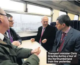  ??  ?? Transport minister Chris Grayling during a tour of the Northumber­land train line yesterday