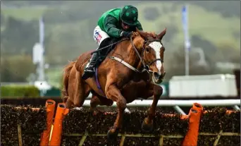  ??  ?? Concertist­a, with Daryl Jacob up, jumps the last on their way to winning the Daylesford Mares’ Novices’ Hurdle on day three.