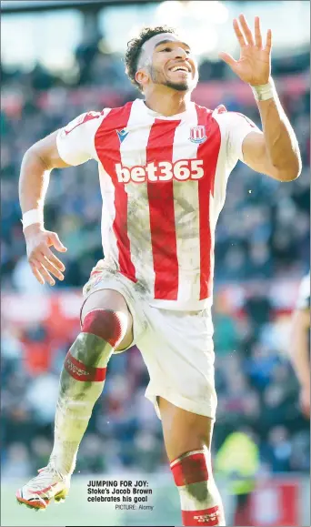  ?? PICTURE: Alamy ?? JUMPING FOR JOY: Stoke’s Jacob Brown celebrates his goal