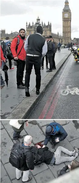  ??  ?? Atacante atropelou várias pessoas na Ponte de Westminste­r, a caminho do Parlamento (visível ao fundo o Big Ben). Autoridade­s reagiram de imediato, com três polícias a ficarem feridos (um deles morreu)