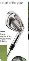  ??  ?? Irons Callaway Apex TCB, 4-PW, Project X Rifle 6.5 shafts.
Callaway Epic Speed Prototype, 15°, Aldila Tour Green 75 TX shaft; Callaway Epic Speed Prototype, 18°, Graphite Design Tour AD DI Black 8 X shaft.