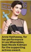  ??  ?? Anne Hathaway, for her performanc­e in Les Miserables, beat Nicole Kidman for the supporting actress award.