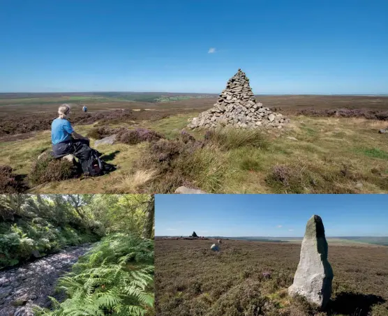  ??  ?? Cribyn & N escarpment from Pen y Fan [Captions clockwise from top] The Lyke Wake Walk route at Simon Howe; Standing stones at Simon Howe; Wheeldale Beck in full flow through Hazel Head Woods