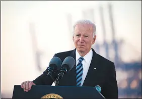  ?? AL DRAGO /THE NEW YORK TIMES ?? President Joe Biden speaks about infrastruc­ture Wednesday at the Port of Baltimore. Biden scheduled a White House signing ceremony Monday for the infrastruc­ture bill that will include legislator­s, mayors and governors from both parties, followed by trips around the country over the next week to sell the plan to voters.