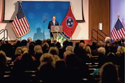  ??  ?? Gov. Bill Lee speaks during his first State of West Tennessee address delivered at the University of Memphis on March 7. BRAD VEST/THE COMMERCIAL APPEAL