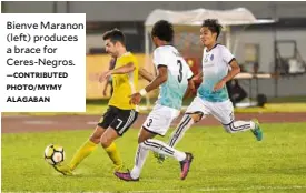  ?? —CONTRIBUTE­D PHOTO/MYMY ALAGABAN ?? Bienve Maranon (left) produces a brace for Ceres-Negros.